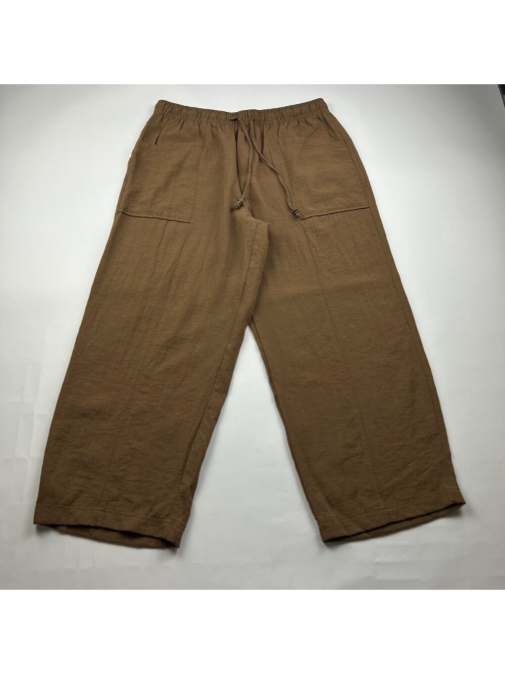 Zara Pecan Brown Crinkle Pull On Relaxed Leg Pant L